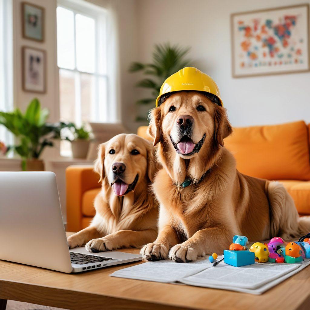 A digital illustration featuring a happy golden retriever wearing a safety helmet, sitting beside a laptop displaying dog insurance options. In the background, a cozy living room with pet toys and family photos, symbolizing a secure home for pets. Emphasize a warm, inviting atmosphere with vibrant colors. The dog is looking up confidently, suggesting trust in technology for health solutions. 3D illustration. vibrant colors. cozy background.