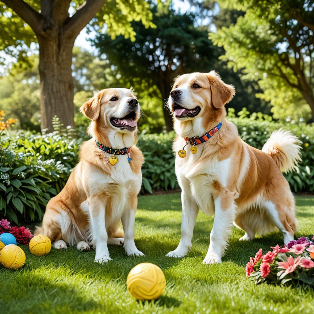 A heartwarming scene featuring a diverse group of dogs with various breeds, playfully engaged with their pet parents in a sunny park. Each dog is wearing a unique collar with a customizable tag, symbolizing personalized insurance options. The background showcases lush greenery and playful elements like frisbees and balls, inviting a sense of joy and security for pet owners. This composition captures the essence of tailored pet care and insurance. vibrant colors. super-realistic.