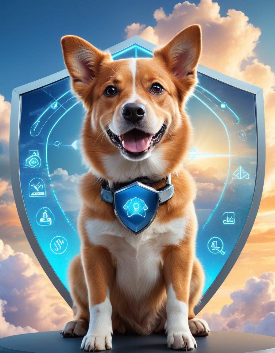 A futuristic digital insurance interface featuring a happy dog with a shield symbol, surrounded by abstract icons representing health, technology, and security. The background showcases a bright blue sky with digital clouds, symbolizing innovation and protection for pets. Emphasize a blend of warmth and technology to convey trust and care. super-realistic. vibrant colors. futuristic style.